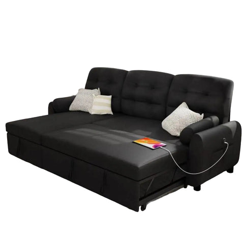 Ucloveria Sectional Sofa Couch, 87" Sleeper Sofa Bed with Reversible Storage Chaise Pull Out Couch for Living Room | Side Pocket | Charging Station | Removable Backrest | Linen Fabric, Black