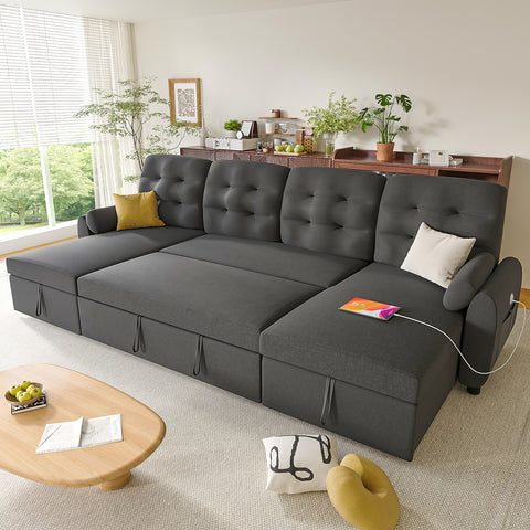 Ucloveria Sectional Sofa Couch, 87"/112" Sleeper Sofa Bed with Reversible Storage Chaise Pull Out Couch for Living Room | Side Pocket | Charging Station | Removable Backrest | Linen Fabric