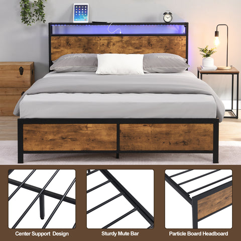 Ucloveria Queen Bed Frame, Industrial Platform Bed with 2-Tier Storage Headboard and LED Light, USB Ports Charging Station, Sturdy and No Noise, No Box Spring Needed, Easy Assembly