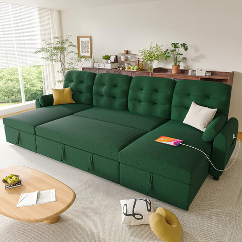 Ucloveria Sectional Sofa Couch, 87"/112" Sleeper Sofa Bed with Reversible Storage Chaise Pull Out Couch for Living Room | Side Pocket | Charging Station | Removable Backrest | Linen Fabric