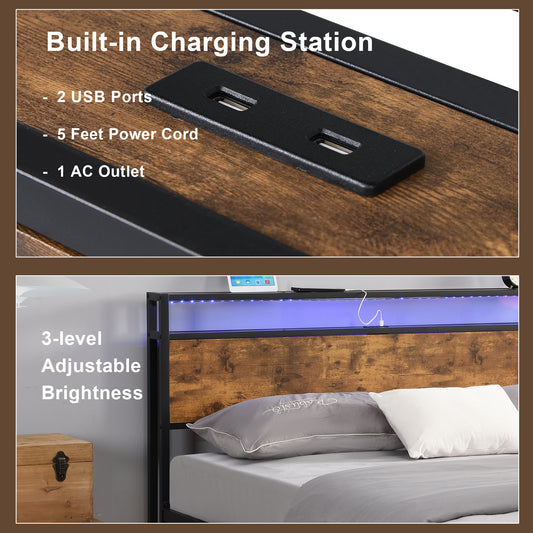 Ucloveria Queen Bed Frame, Industrial Platform Bed with 2-Tier Storage Headboard and LED Light, USB Ports Charging Station, Sturdy and No Noise, No Box Spring Needed, Easy Assembly