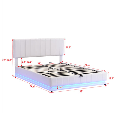 Ucloveria Queen Size Platform Bed with Gas Lift up Storage, Bed Frame with LED Lights and USB Charger, PU Tufted Upholstered Bed Queen Size with Hydraulic Storage System, Vertical Line-White