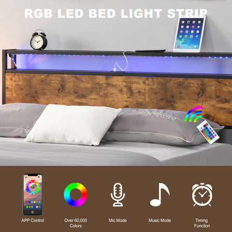 Ucloveria Queen Bed Frame, Industrial Platform Bed with 2-Tier Storage Headboard and LED Light, USB Ports Charging Station, Sturdy and No Noise, No Box Spring Needed, Easy Assembly