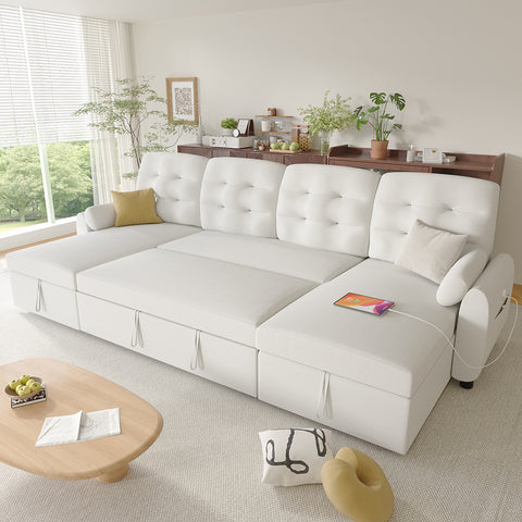 Ucloveria Sectional Sofa Couch, 87"/112" Sleeper Sofa Bed with Reversible Storage Chaise Pull Out Couch for Living Room | Side Pocket | Charging Station | Removable Backrest | Linen Fabric