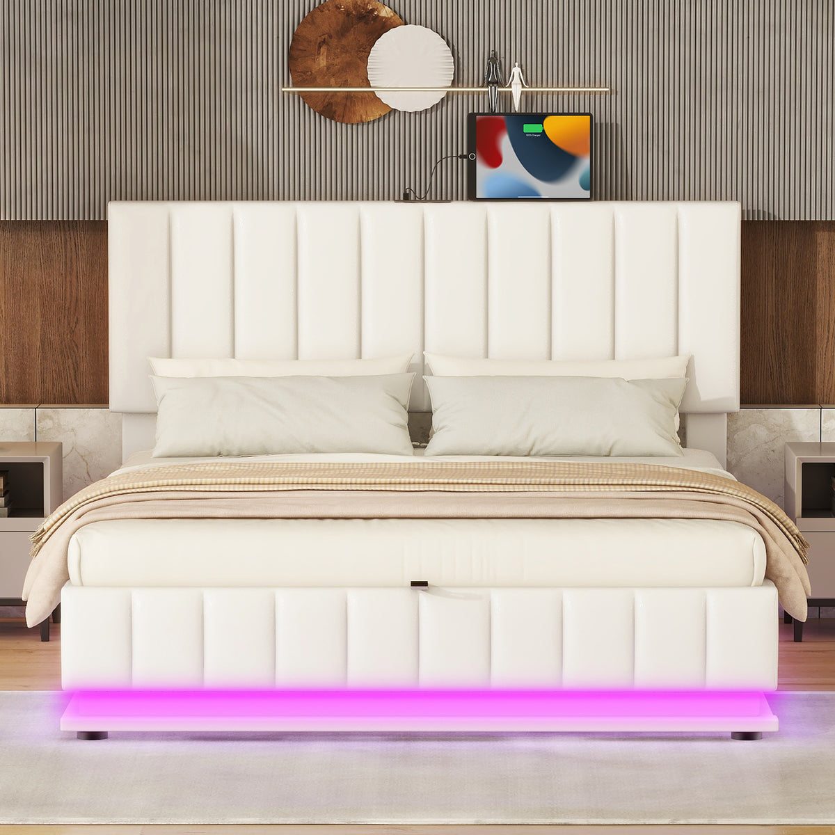 Ucloveria Queen Size Platform Bed with Gas Lift up Storage, Bed Frame with LED Lights and USB Charger, PU Tufted Upholstered Bed Queen Size with Hydraulic Storage System, Vertical Line-White