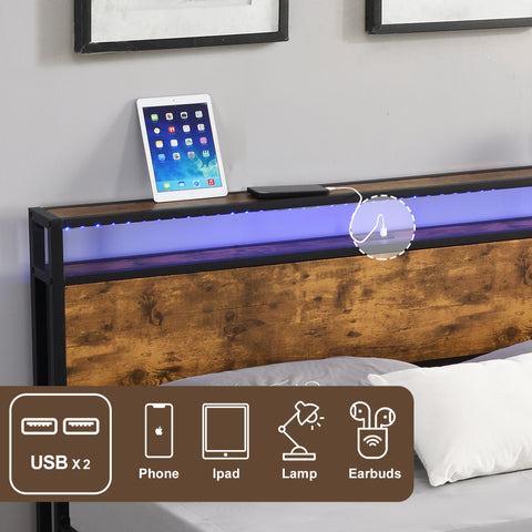 Ucloveria Queen Bed Frame, Industrial Platform Bed with 2-Tier Storage Headboard and LED Light, USB Ports Charging Station, Sturdy and No Noise, No Box Spring Needed, Easy Assembly