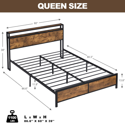 Ucloveria Queen Bed Frame, Industrial Platform Bed with 2-Tier Storage Headboard and LED Light, USB Ports Charging Station, Sturdy and No Noise, No Box Spring Needed, Easy Assembly