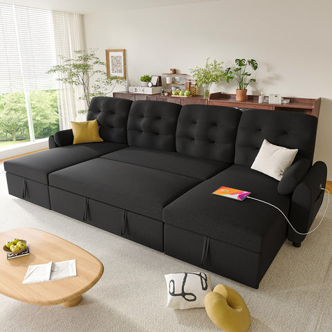 Ucloveria Sectional Sofa Couch, 87"/112" Sleeper Sofa Bed with Reversible Storage Chaise Pull Out Couch for Living Room | Side Pocket | Charging Station | Removable Backrest | Linen Fabric