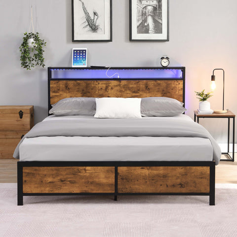 Ucloveria Queen Bed Frame, Industrial Platform Bed with 2-Tier Storage Headboard and LED Light, USB Ports Charging Station, Sturdy and No Noise, No Box Spring Needed, Easy Assembly