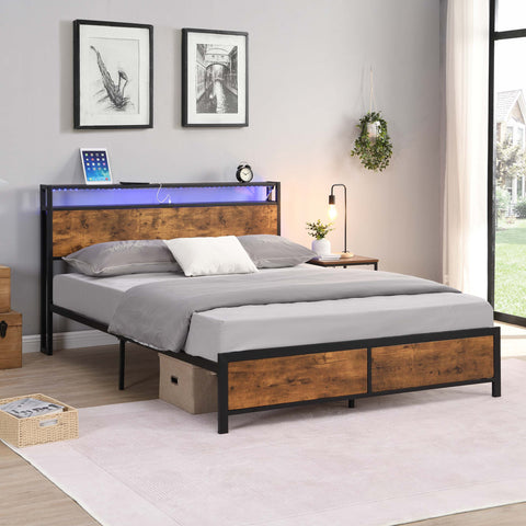 Ucloveria Queen Bed Frame, Industrial Platform Bed with 2-Tier Storage Headboard and LED Light, USB Ports Charging Station, Sturdy and No Noise, No Box Spring Needed, Easy Assembly