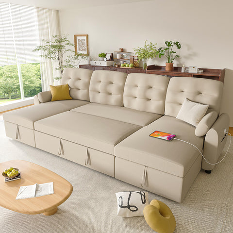 Ucloveria Sectional Sofa Couch, 87"/112" Sleeper Sofa Bed with Reversible Storage Chaise Pull Out Couch for Living Room | Side Pocket | Charging Station | Removable Backrest | Linen Fabric