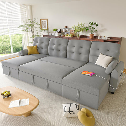Ucloveria Sectional Sofa Couch, 87"/112" Sleeper Sofa Bed with Reversible Storage Chaise Pull Out Couch for Living Room | Side Pocket | Charging Station | Removable Backrest | Linen Fabric