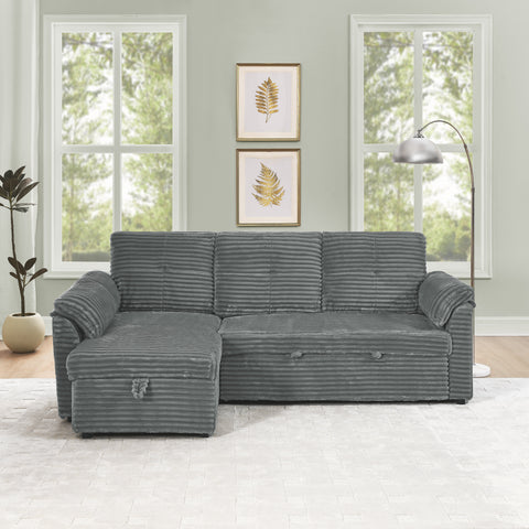 Corduroy Tufted Upholstered Sleeper Sectional Sofa, L-Shaped Modular Convertible Sofa with Storage Chaise, Pull Out Sleep Couch Bed and Reclining Backrest Perfect for Living Space,Grey