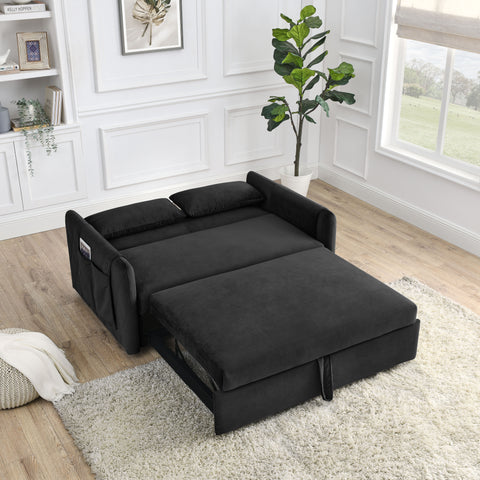 Ucloveria Convertible Sleeper Sofa Bed, Pull Out Couch Bed with 2 Detachable Arm Pockets, Adjustable Velvet Loveseat Futon Sofa Couch for Living Room Bedroom, 55" 2-Seater Lounge Sofa,Black