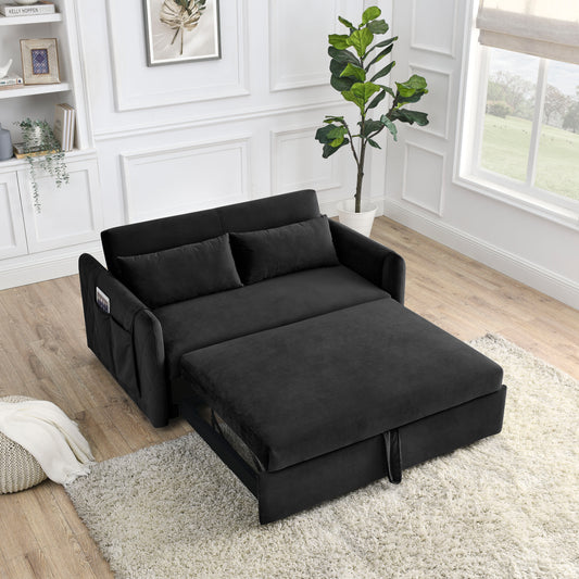 Ucloveria Convertible Sleeper Sofa Bed, Pull Out Couch Bed with 2 Detachable Arm Pockets, Adjustable Velvet Loveseat Futon Sofa Couch for Living Room Bedroom, 55" 2-Seater Lounge Sofa,Black