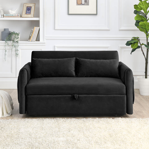 Ucloveria Convertible Sleeper Sofa Bed, Pull Out Couch Bed with 2 Detachable Arm Pockets, Adjustable Velvet Loveseat Futon Sofa Couch for Living Room Bedroom, 55" 2-Seater Lounge Sofa,Black