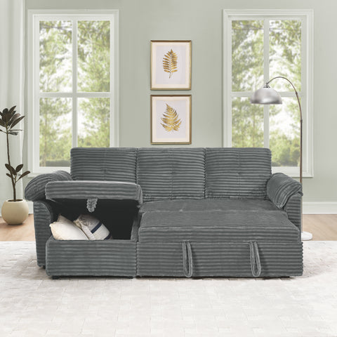 Corduroy Tufted Upholstered Sleeper Sectional Sofa, L-Shaped Modular Convertible Sofa with Storage Chaise, Pull Out Sleep Couch Bed and Reclining Backrest Perfect for Living Space,Grey