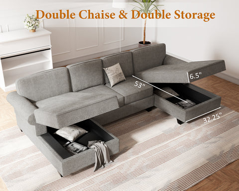 Upgrade Your Living Room with Our Modern U-Shaped Sectional Sofa with Sleeper Sofa Bed and Double Storage Spaces - Includes 3 Pillows - Reversible Chaise - Gray