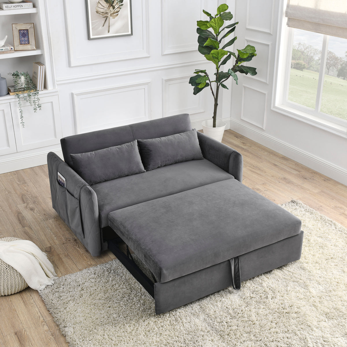 Ucloveria Sleeper Sofa Bed, Pull Out Couch Bed with 2 Detachable Arm Pockets, Adjustable Velvet Loveseat Futon Sofa Couch for Living Room Bedroom, 55" 2-Seater Lounge Sofa, Grey