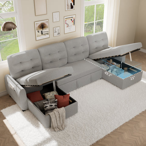 Sectional Sofa Couch, 112" Sleeper Sofa Bed with Dual Reversible Storage Chaise Pull Out Couched for Living Room | Side Pockets | Charging Station | Removable Backrest | Linen, Light Grey
