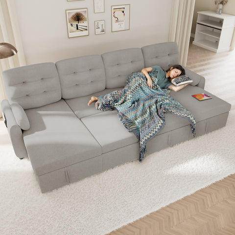 Sectional Sofa Couch, 112" Sleeper Sofa Bed with Dual Reversible Storage Chaise Pull Out Couched for Living Room | Side Pockets | Charging Station | Removable Backrest | Linen, Light Grey