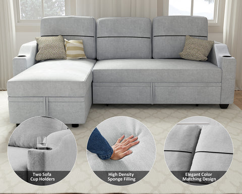 Ucloveria Sectional Sofa Couch - 82" Sleeper Sofa Bed with Reversible Storage Chaise, Cup Holders, and Thick Cushions - L-Shape Lounge 2 in 1 Futon Sofa for Living Room - Grey