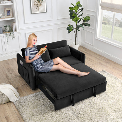 Ucloveria Convertible Sleeper Sofa Bed, Pull Out Couch Bed with 2 Detachable Arm Pockets, Adjustable Velvet Loveseat Futon Sofa Couch for Living Room Bedroom, 55" 2-Seater Lounge Sofa,Black