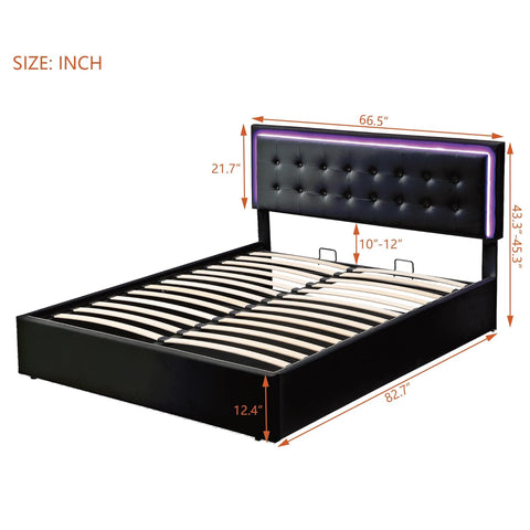 Ucloveria Queen Upholstered Platform Bed with Hydraulic Storage System, PU Lift Up Storage Bed Queen Bed Frame with LED Lights and Adjustable Headboard, 26 Strong Slat Supports, No Box Spring Needed