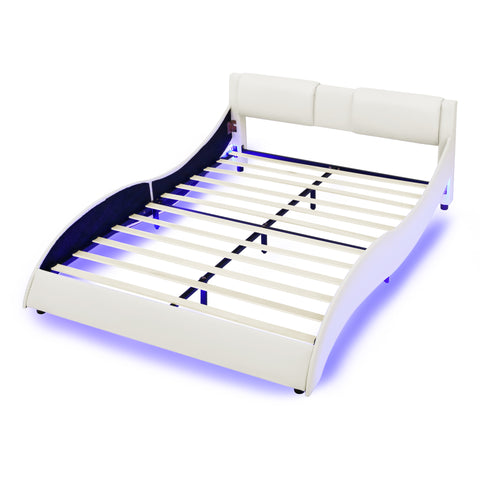 Queen Led Bed Frame Modern Faux Leather Upholstered Platform Bed Frame with RGB LED Lights and Headboard Wave Like Curve Low Profile Bed Frame,Wood Slats Support,Easy Assembly, White