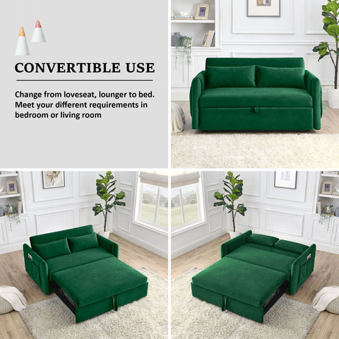 Ucloveria Sleeper Sofa, Pull Out Couch with 2 Detachable Arm Pockets, Loveseat Sleeper Adjustable, 55" Convertible Pull Out Sofa Bed for Living Room Bedroom, Velvet Green