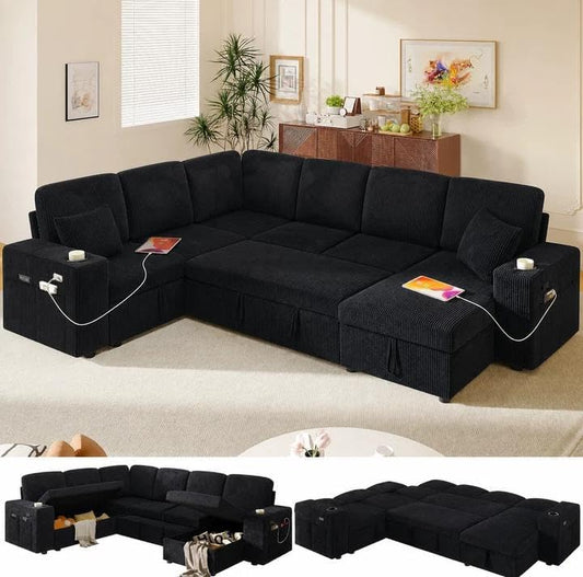 Bonroyo Modular Sectional Sleeper Sofa with Pull Out Bed, 108 Inch U Shaped 7 Seat Couches for Living Room, Chenille Fabric Cloud Couch Bed with Storage, Reclining Backrest, USB Charging, Corduroy