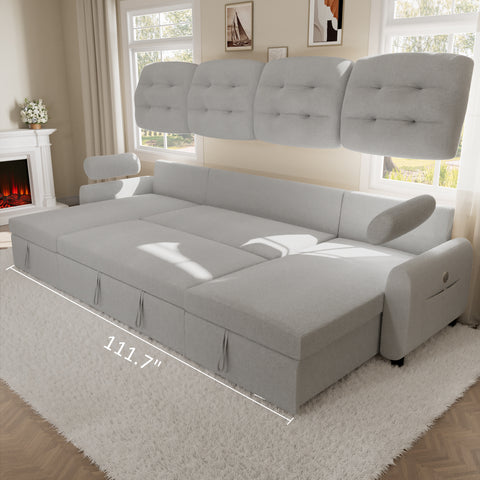 Sectional Sofa Couch, 112" Sleeper Sofa Bed with Dual Reversible Storage Chaise Pull Out Couched for Living Room | Side Pockets | Charging Station | Removable Backrest | Linen, Light Grey