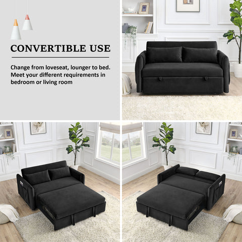 Ucloveria Convertible Sleeper Sofa Bed, Pull Out Couch Bed with 2 Detachable Arm Pockets, Adjustable Velvet Loveseat Futon Sofa Couch for Living Room Bedroom, 55" 2-Seater Lounge Sofa,Black