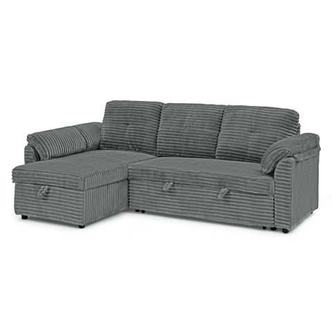 Corduroy Tufted Upholstered Sleeper Sectional Sofa, L-Shaped Modular Convertible Sofa with Storage Chaise, Pull Out Sleep Couch Bed and Reclining Backrest Perfect for Living Space,Grey