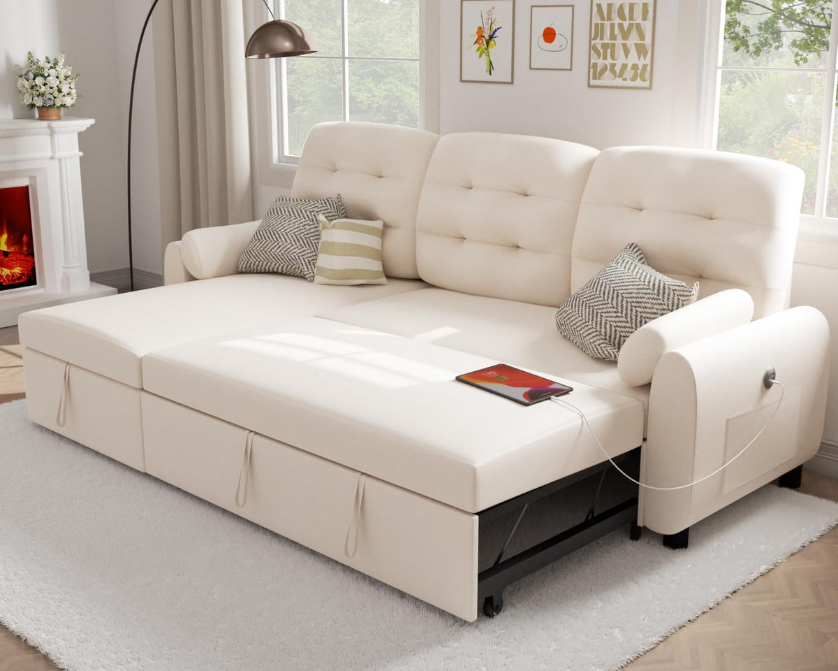 VOHOBY 86" Sleeper Sofa Bed, Pull Out Couch Bed with Reversible Storage Chaise, Sectional Couches for Living Room With Side Pocket | Charging Station | Removable Backrest | Prime Linen, Beige