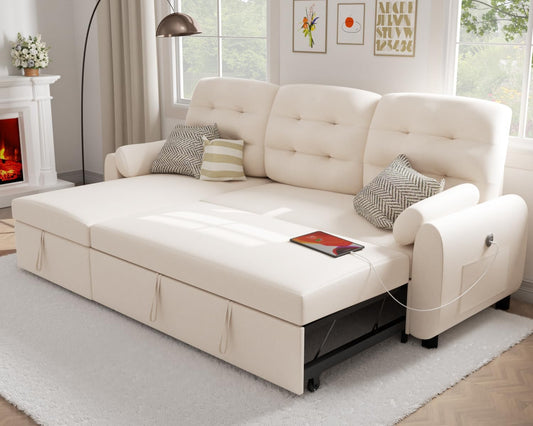 VOHOBY 86" Sleeper Sofa Bed, Pull Out Couch Bed with Reversible Storage Chaise, Sectional Couches for Living Room With Side Pocket | Charging Station | Removable Backrest | Prime Linen, Beige