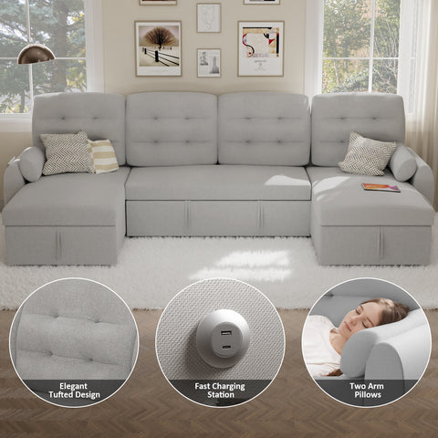 Sectional Sofa Couch, 112" Sleeper Sofa Bed with Dual Reversible Storage Chaise Pull Out Couched for Living Room | Side Pockets | Charging Station | Removable Backrest | Linen, Light Grey