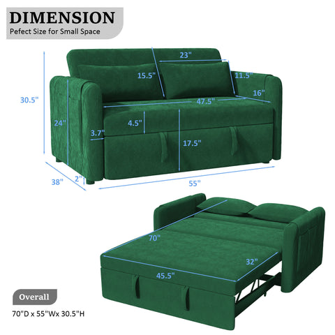 Ucloveria Sleeper Sofa, Pull Out Couch with 2 Detachable Arm Pockets, Loveseat Sleeper Adjustable, 55" Convertible Pull Out Sofa Bed for Living Room Bedroom, Velvet Green