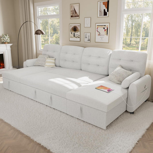 VOHOBY 112" Sleeper Sofa Bed, Pull Out Couch Bed with Dual Reversible Storage Chaise, Sectional Couch for Living Room With Side Pocket | Charging Station | Removable Backrest | Prime Linen, White