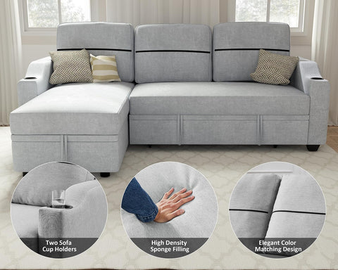 Ucloveria Sectional Sofa Couch, 82" Sleeper Sofa Bed with Reversible Storage Chaise Pull Out Couch for Living Room | Side Pocket | Cup Holders | Removable Backrest | Linen Fabric, Light Grey