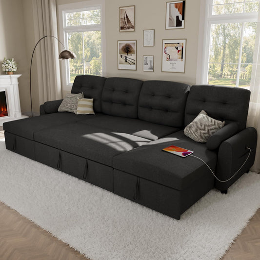 VOHOBY 112" Sleeper Sofa Bed, Pull Out Couch Bed with Dual Reversible Storage Chaise, Sectional Couch for Living Room With Side Pocket | Charging Station | Removable Backrest | Prime Linen, Black