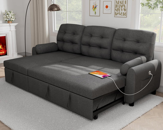 VOHOBY 86" Sleeper Sofa Bed, Pull Out Couch Bed with Reversible Storage Chaise, Sectional Couches for Living Room With Side Pocket | Charging Station | Removable Backrest | Prime Linen, Dark Grey