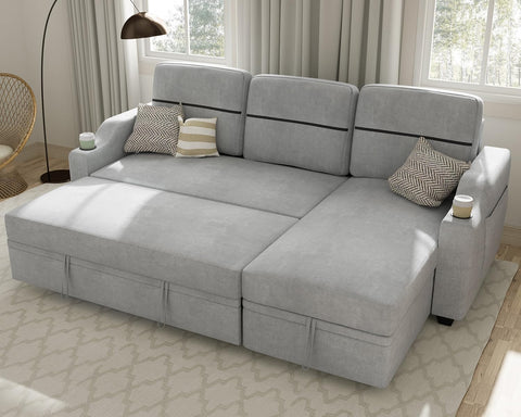 Ucloveria Sectional Sofa Couch, 82" Sleeper Sofa Bed with Reversible Storage Chaise Pull Out Couch for Living Room | Side Pocket | Cup Holders | Removable Backrest | Linen Fabric, Light Grey