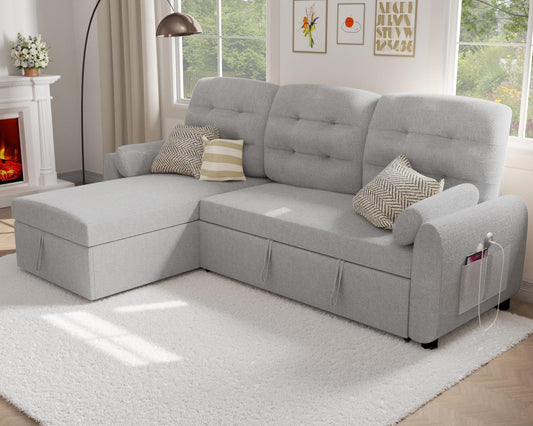 VOHOBY 86" Sleeper Sofa Bed, Pull Out Couch Bed with Reversible Storage Chaise, Sectional Couches for Living Room With Side Pocket | Charging Station | Removable Backrest | Prime Linen, Light FGrey