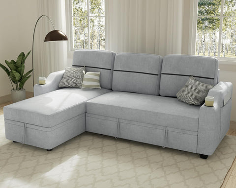 Ucloveria Sectional Sofa Couch, 82" Sleeper Sofa Bed with Reversible Storage Chaise Pull Out Couch for Living Room | Side Pocket | Cup Holders | Removable Backrest | Linen Fabric, Light Grey