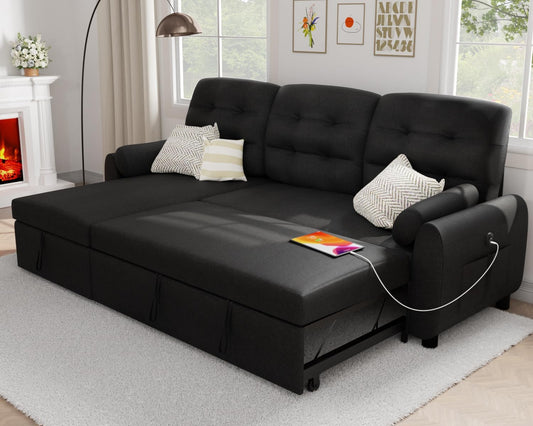 VOHOBY 86" Sleeper Sofa Bed, Pull Out Couch Bed with Reversible Storage Chaise, Sectional Couches for Living Room With Side Pocket | Charging Station | Removable Backrest | Prime Linen, Black