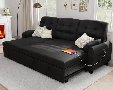 VOHOBY 86" Sleeper Sofa Bed, Pull Out Couch Bed with Reversible Storage Chaise, Sectional Couches for Living Room With Side Pocket | Charging Station | Removable Backrest | Prime Linen, Black
