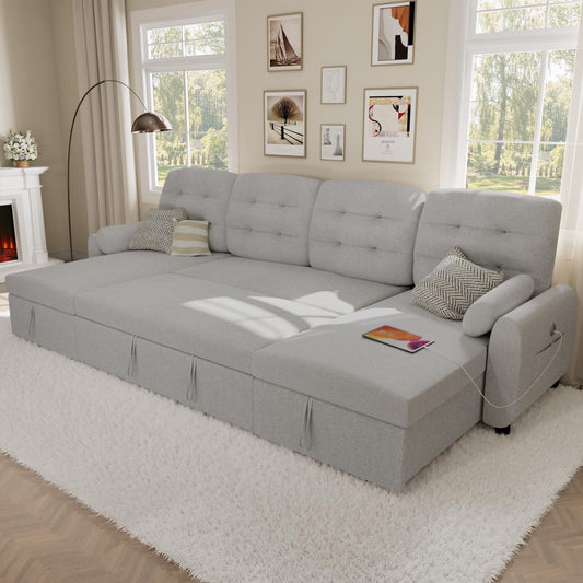 VOHOBY 112" Sleeper Sofa Bed, Pull Out Couch Bed with Dual Reversible Storage Chaise, Sectional Couch for Living Room With Side Pocket | Charging Station | Removable Backrest | Prime Linen, Light Grey