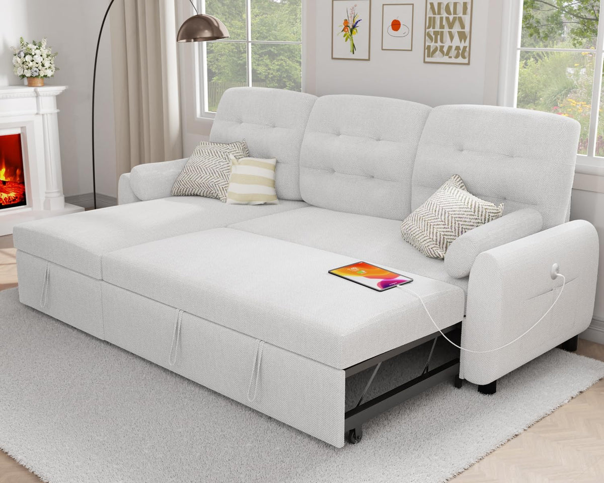 VOHOBY 86" Sleeper Sofa Bed, Pull Out Couch Bed with Reversible Storage Chaise, Sectional Couches for Living Room With Side Pocket | Charging Station | Removable Backrest | Prime Linen, White