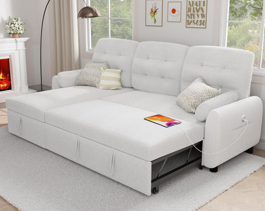 VOHOBY 86" Sleeper Sofa Bed, Pull Out Couch Bed with Reversible Storage Chaise, Sectional Couches for Living Room With Side Pocket | Charging Station | Removable Backrest | Prime Linen, White
